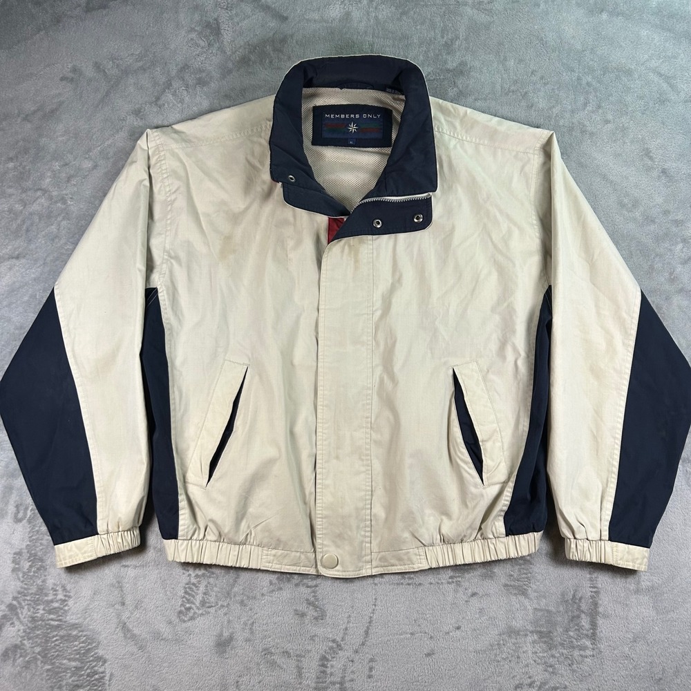 Members Only Vintage Windbreaker Jacket Mens XL Cream Navy Blue Colorblock Zip